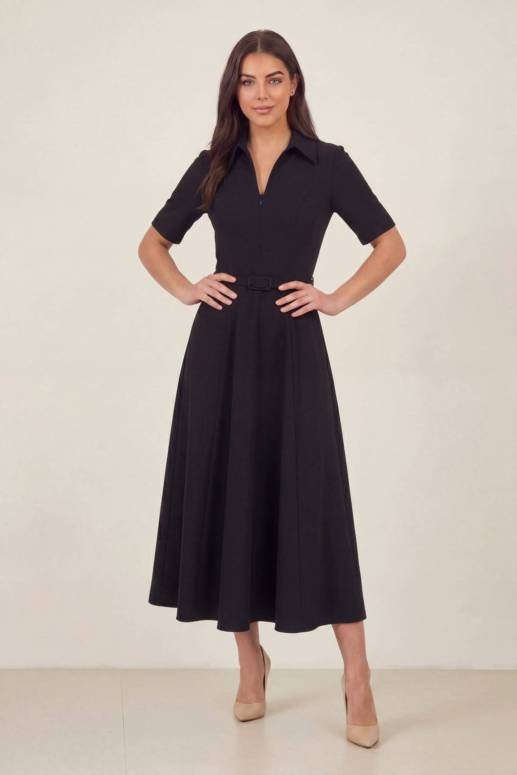 Fermuar detay A kesim siyah midi boy gömlek yaka günlük elbise 