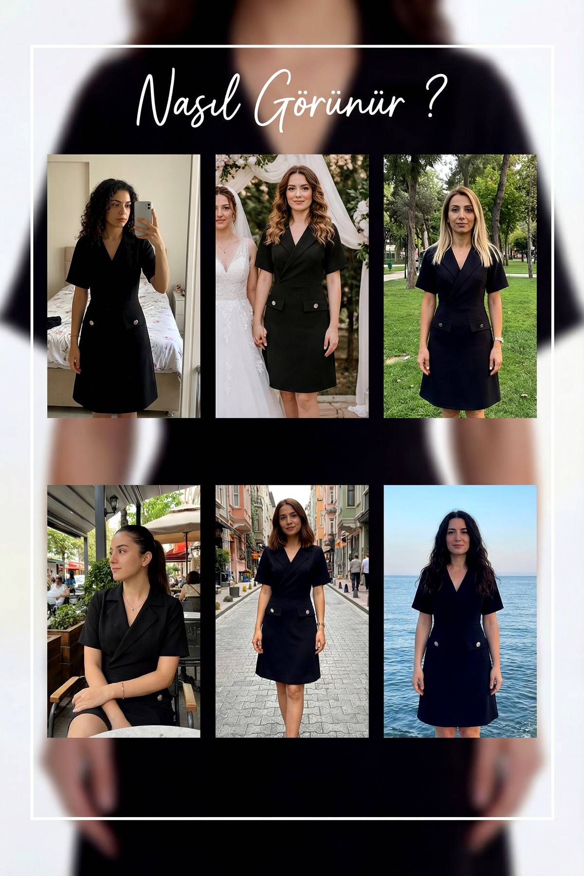 Siyah kadın kruvaze yaka kısa elbise denemeleri