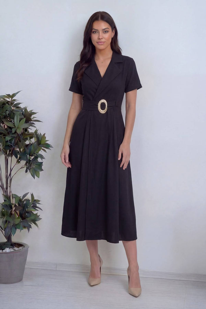 Siyah Kruvaze Yaka Gold Detay Kuşaklı Elbise