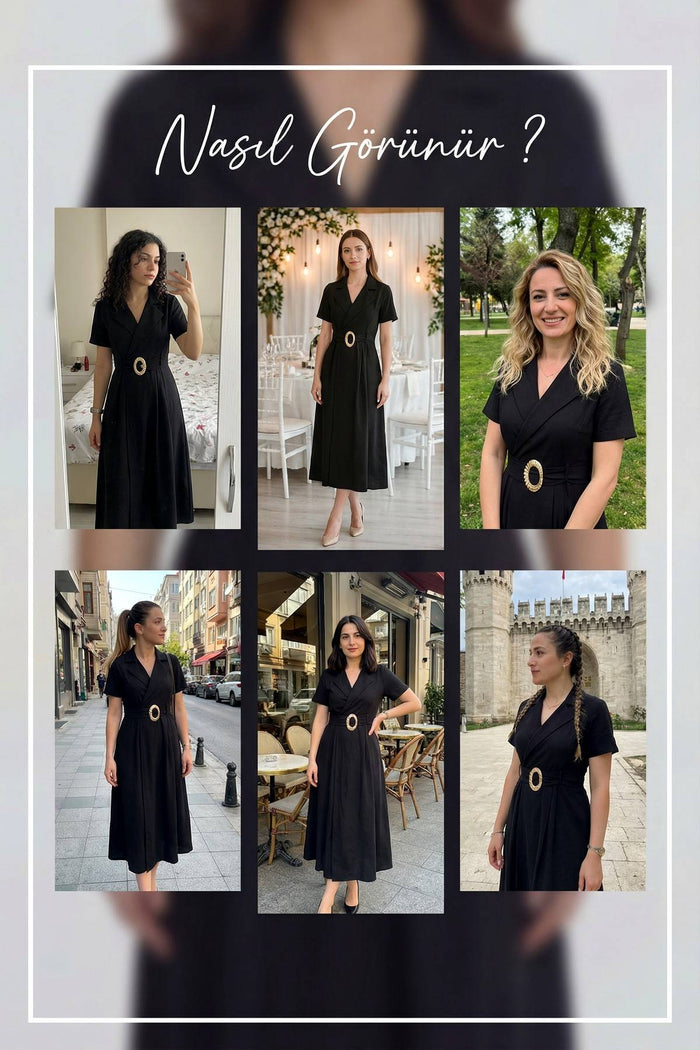 Siyah Kruvaze Yaka Gold Detay Kuşaklı Elbise