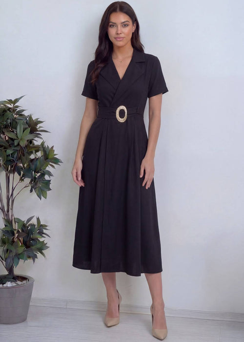 Siyah Kruvaze Yaka Gold Detay Kuşaklı Elbise