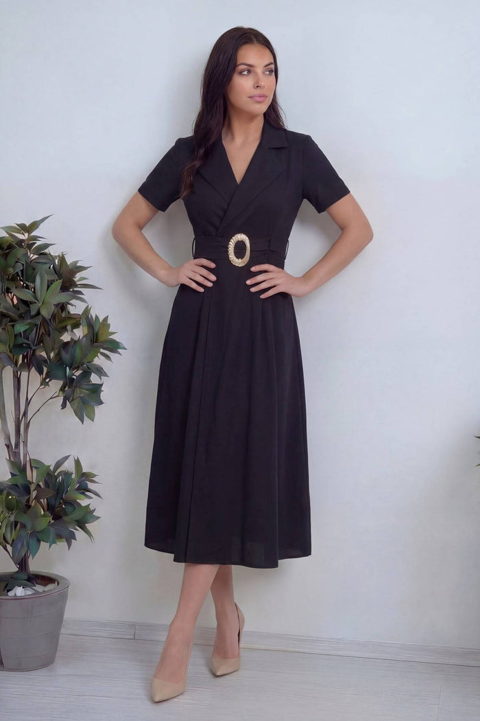 Siyah Kruvaze Yaka Gold Detay Kuşaklı Elbise