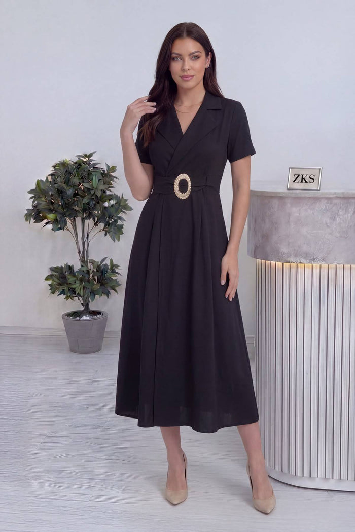 Siyah Kruvaze Yaka Gold Detay Kuşaklı Elbise