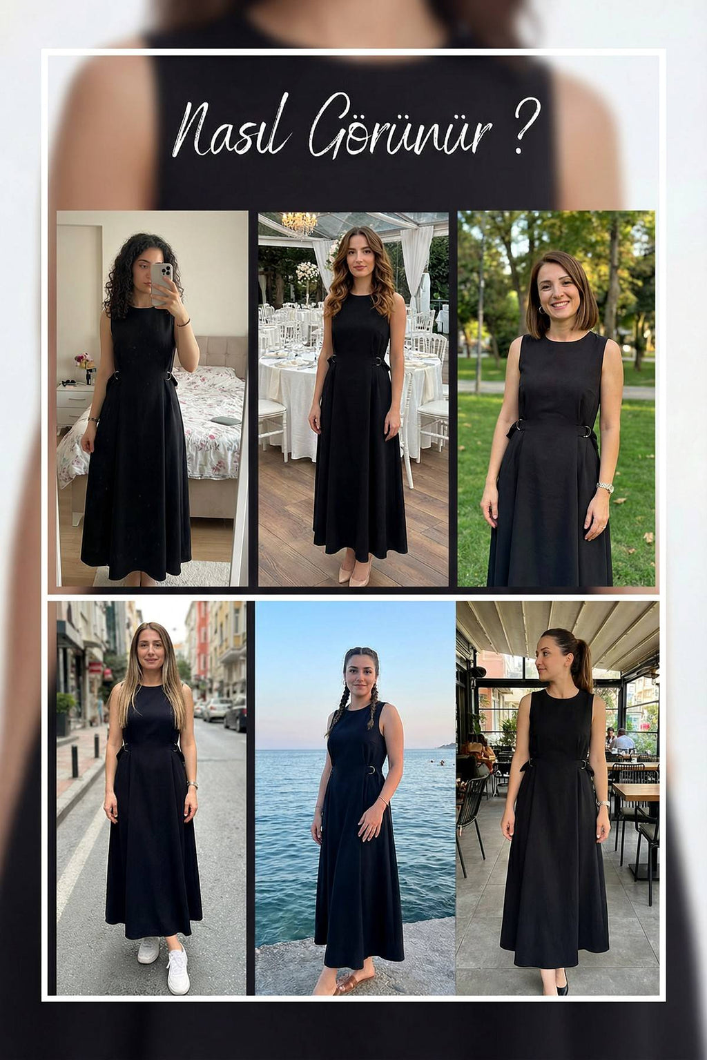 Siyah Bisiklet Yaka Yan Kemerli Uzun Midi Elbise