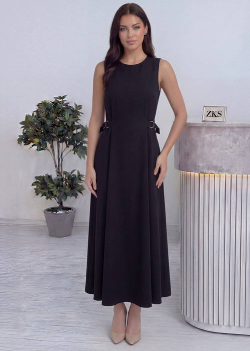 Siyah Bisiklet Yaka Yan Kemerli Uzun Midi Elbise