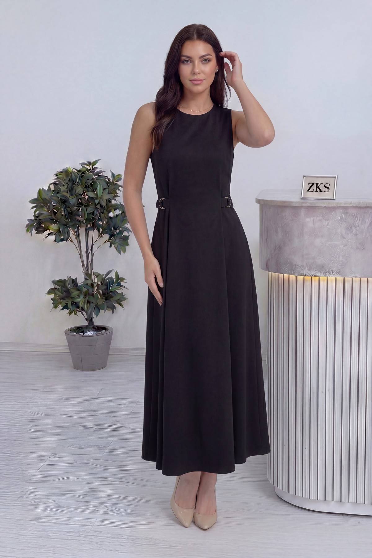 Siyah Bisiklet Yaka Yan Kemerli Uzun Midi Elbise