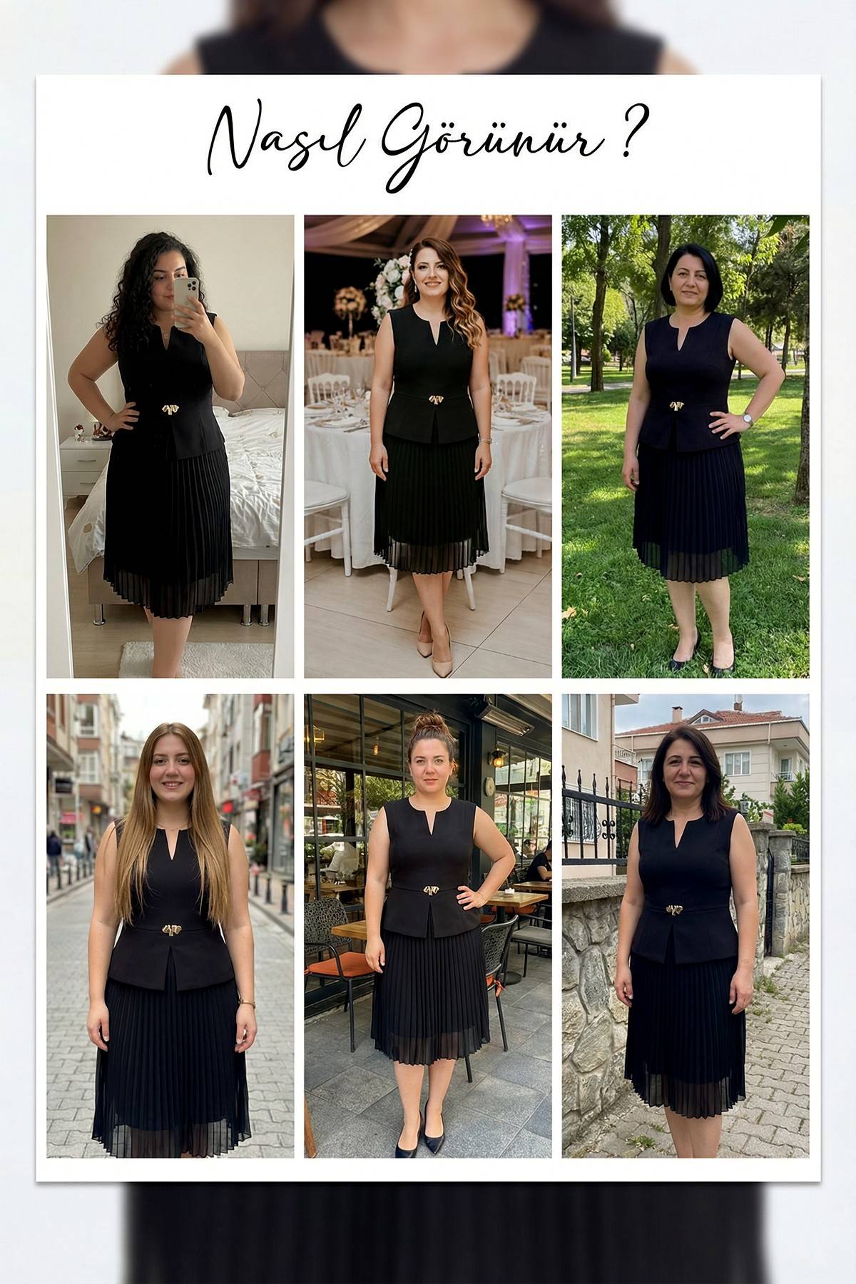 Siyah Piliseli Peplum Midi Abiye – Altın Toka Detaylı Kolsuz Denemeleri