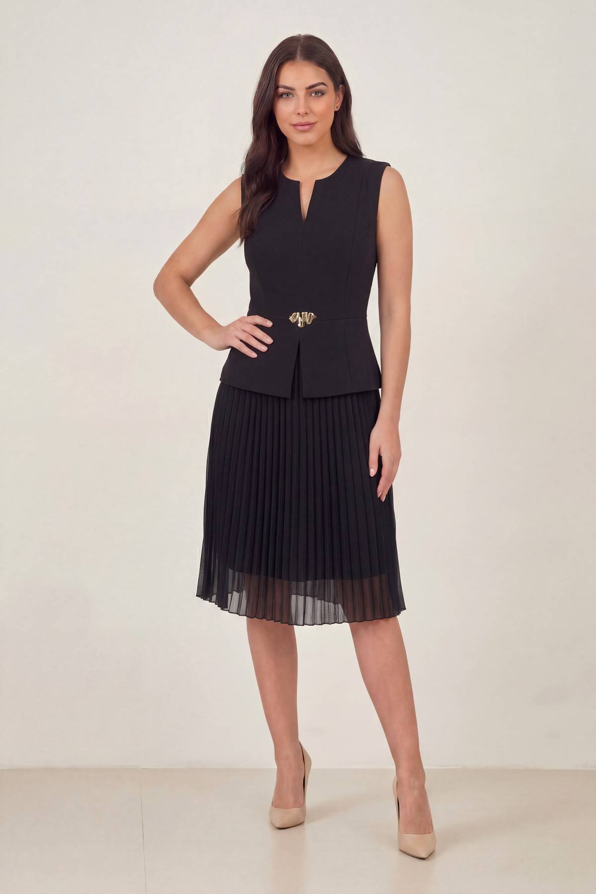 Bel Tokalı Piliseli Midi Elbise peplum detaylı klasik kesim kadın midi siyah abiye