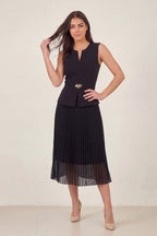 Midi boy kolsuz pilise detaylı siyah kadın davet elbisesi peplum abiye