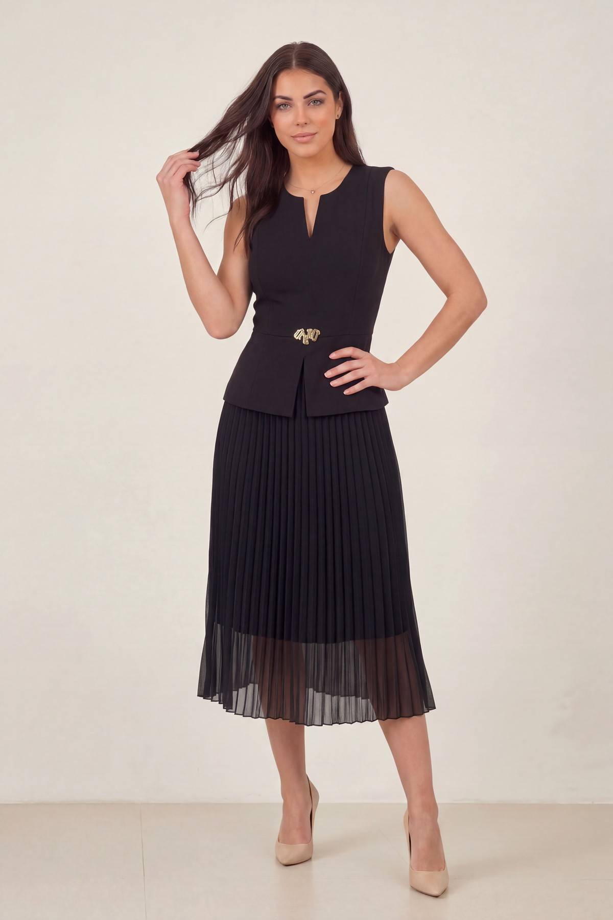 Midi boy kolsuz pilise detaylı siyah kadın davet elbisesi peplum abiye