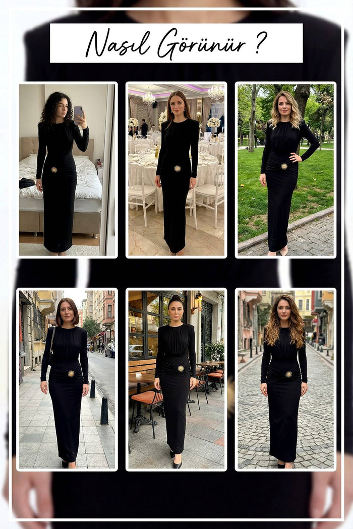 Siyah uzun kol broş detaylı abiye deneme, drapeli uzun kollu