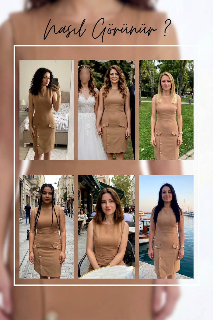 Düğme Aksesuarlı taba kolsuz kısa krep elbise deneme