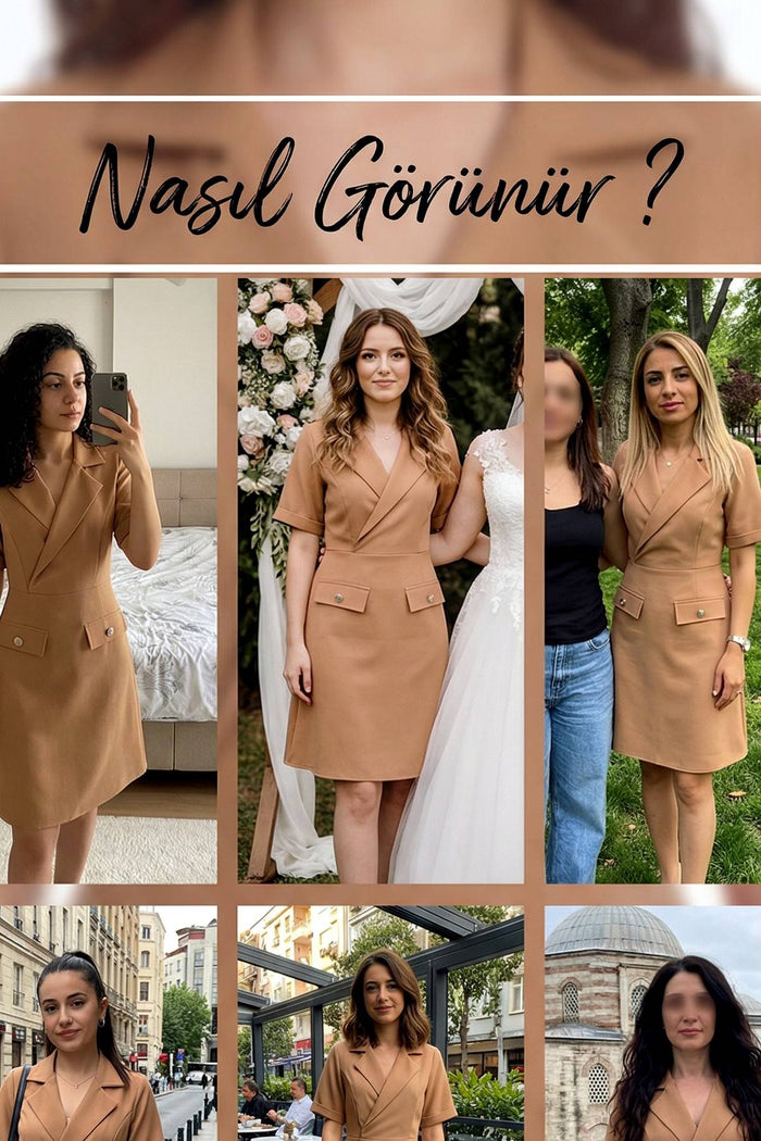 Kısa kol krep kruvaze yaka düğme detaylı günlük taba elbise