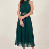 Yeşil Halter Yaka Kemerli Şifon Midi Elbise – Zümrüt Ton