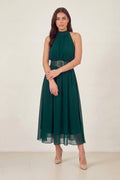 Yeşil Halter Yaka Kemerli Şifon Midi Elbise – Zümrüt Ton