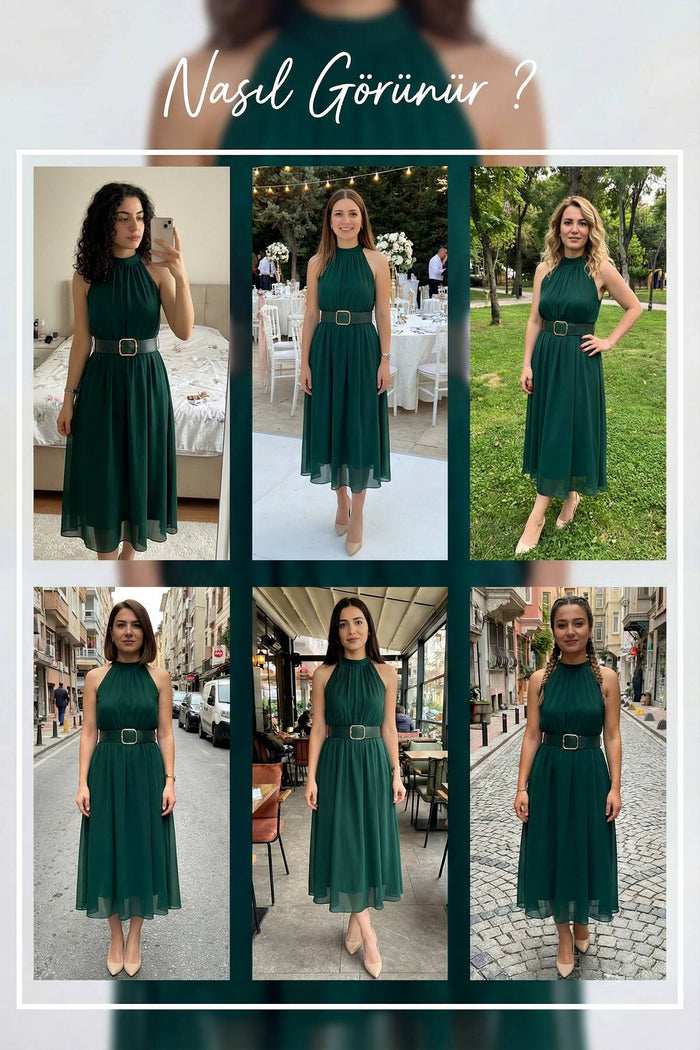 Yeşil halter yaka kemerli şifon midi elbise denemeleri
