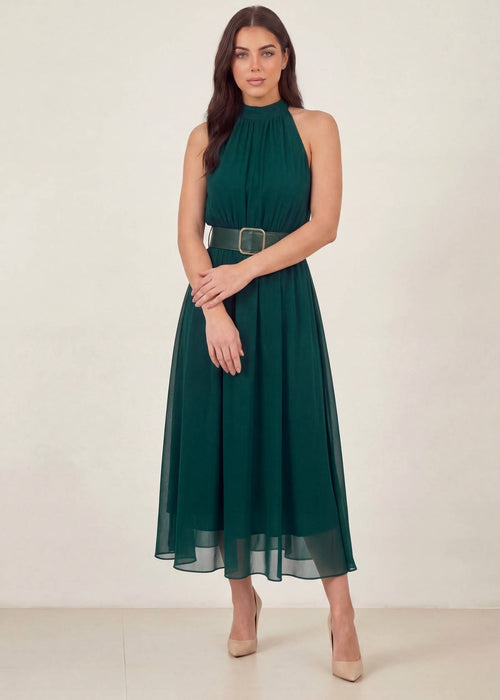 Yeşil Halter Yaka Kemerli Şifon Midi Elbise – Zümrüt Ton
