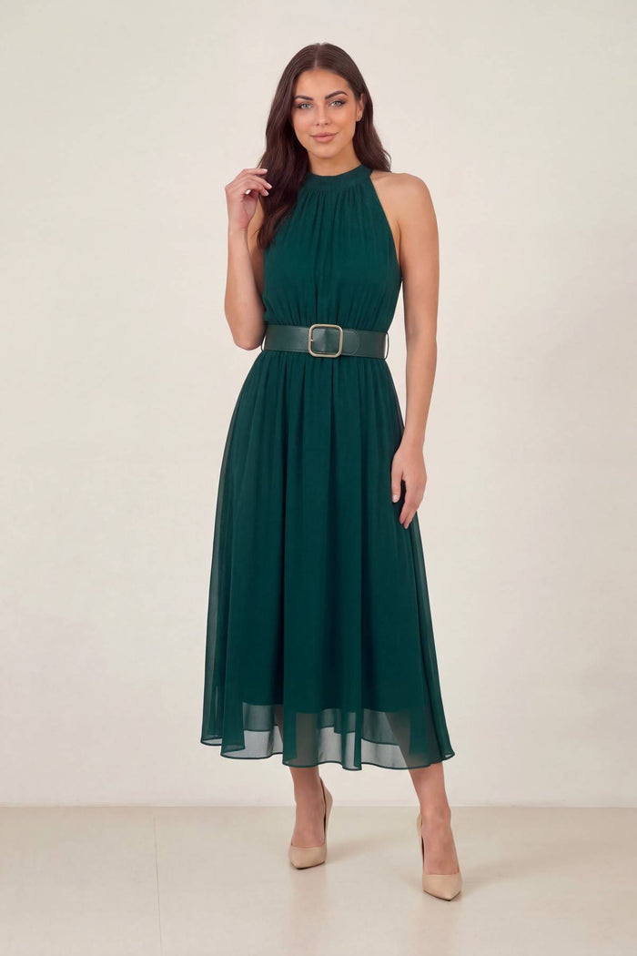 Zümrüt yeşili halter yaka bügü detay midi boy şifon kumaş günlük elbise