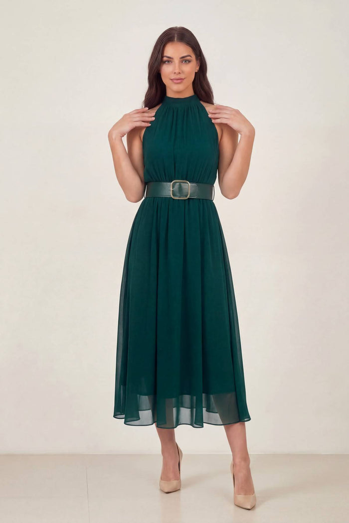 Midi boy şifon yeşil halter yaka deri kemerli elbise günlük için