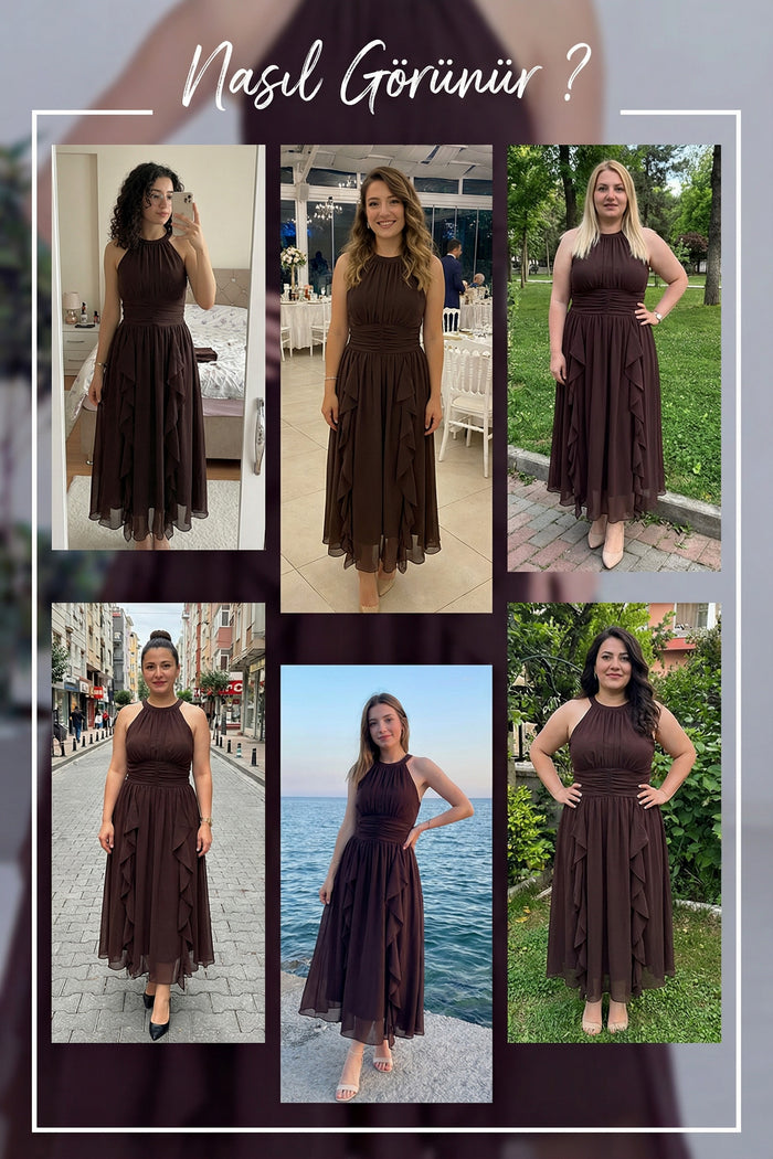 Kahverengi Halter Yaka Eteği Fırfırlı Midi Boy Şifon Elbise