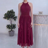 Bordo Halter Yaka Eteği Fırfırlı Midi Boy Şifon Elbise