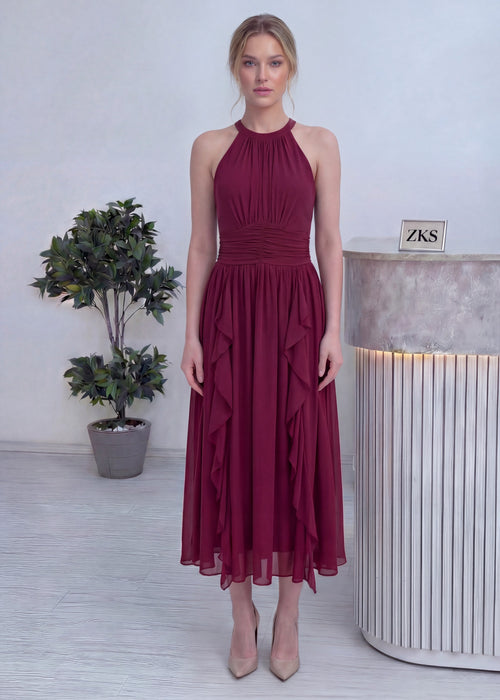 Bordo Halter Yaka Eteği Fırfırlı Midi Boy Şifon Elbise