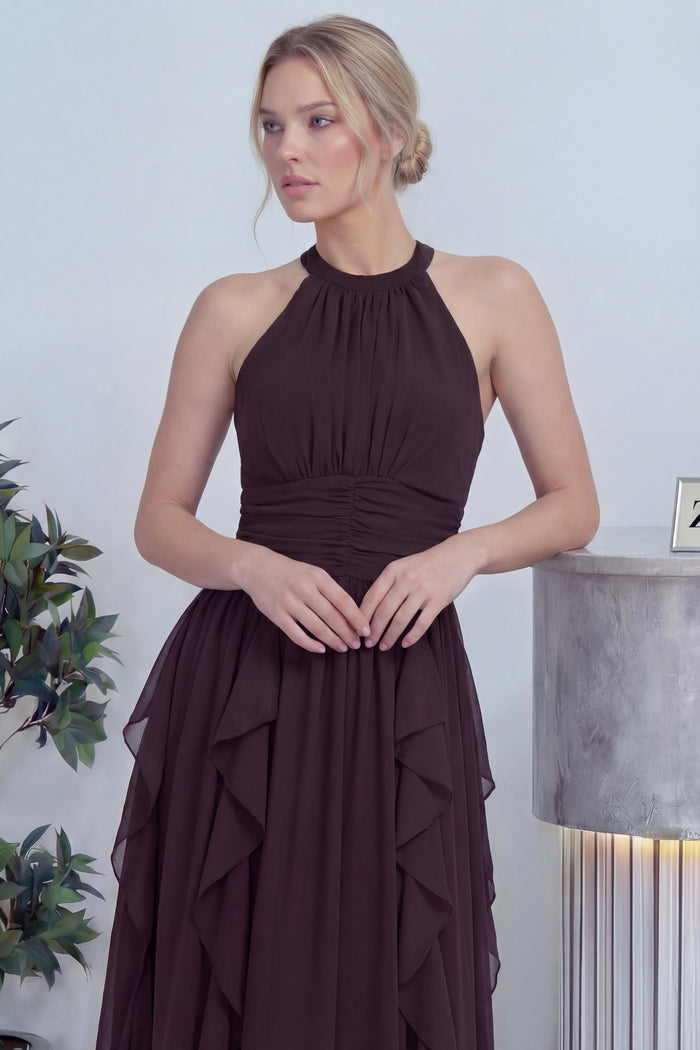 Kahverengi Halter Yaka Eteği Fırfırlı Midi Boy Şifon Elbise