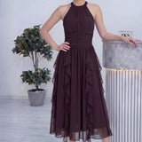 Kahverengi Halter Yaka Eteği Fırfırlı Midi Boy Şifon Elbise