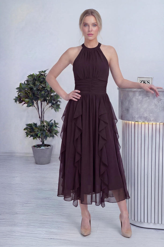 Kahverengi Halter Yaka Eteği Fırfırlı Midi Boy Şifon Elbise