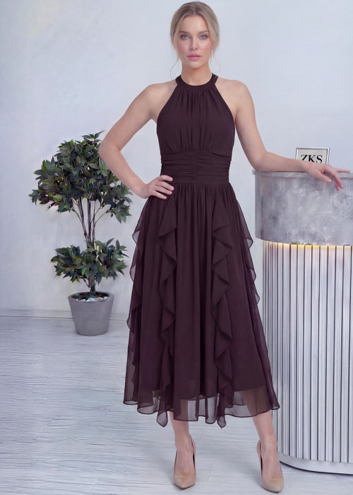 Kahverengi Halter Yaka Eteği Fırfırlı Midi Boy Şifon Elbise