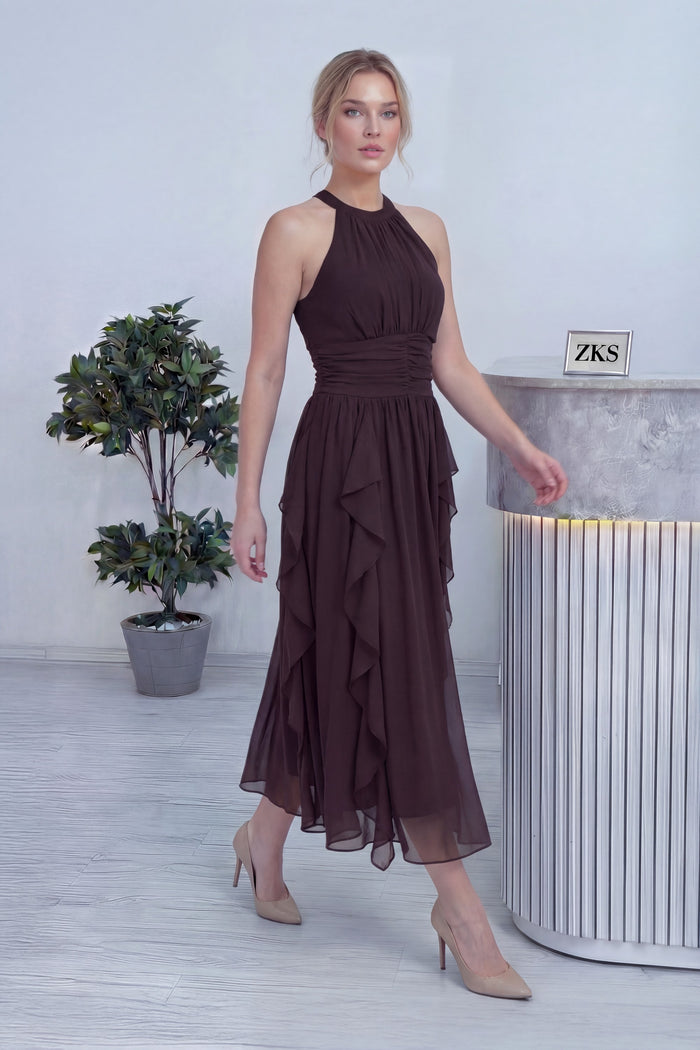 Kahverengi Halter Yaka Eteği Fırfırlı Midi Boy Şifon Elbise