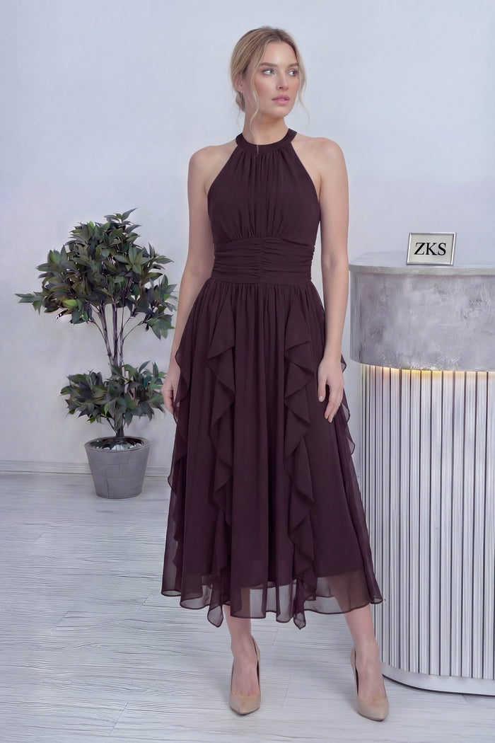 Kahverengi Halter Yaka Eteği Fırfırlı Midi Boy Şifon Elbise