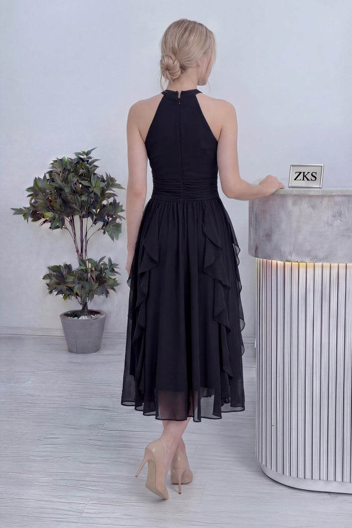 Siyah Halter Yaka Eteği Fırfırlı Midi Boy Şifon Elbise 