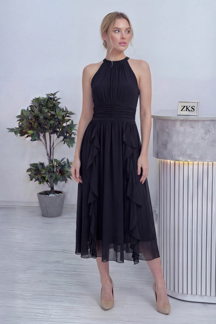 Siyah Halter Yaka Eteği Fırfırlı Midi Boy Şifon Elbise 