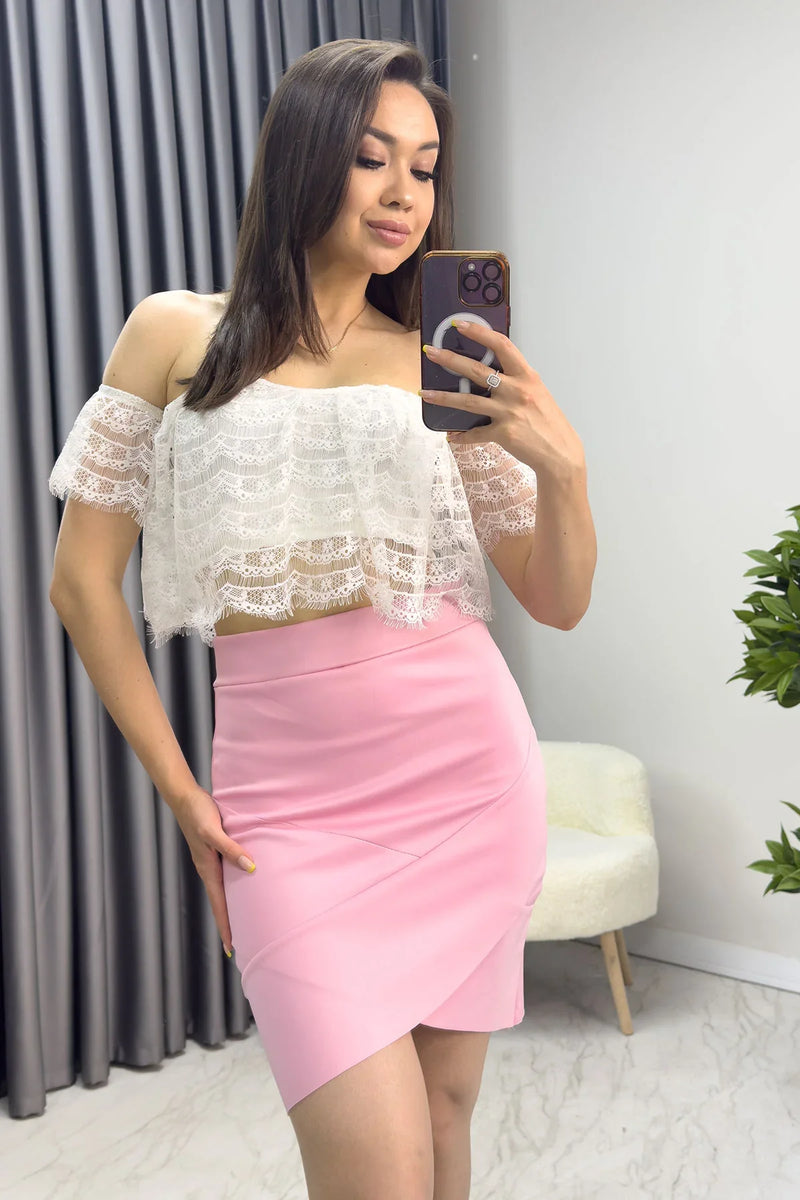 Beyaz Pembe Etek Crop İkili Takım