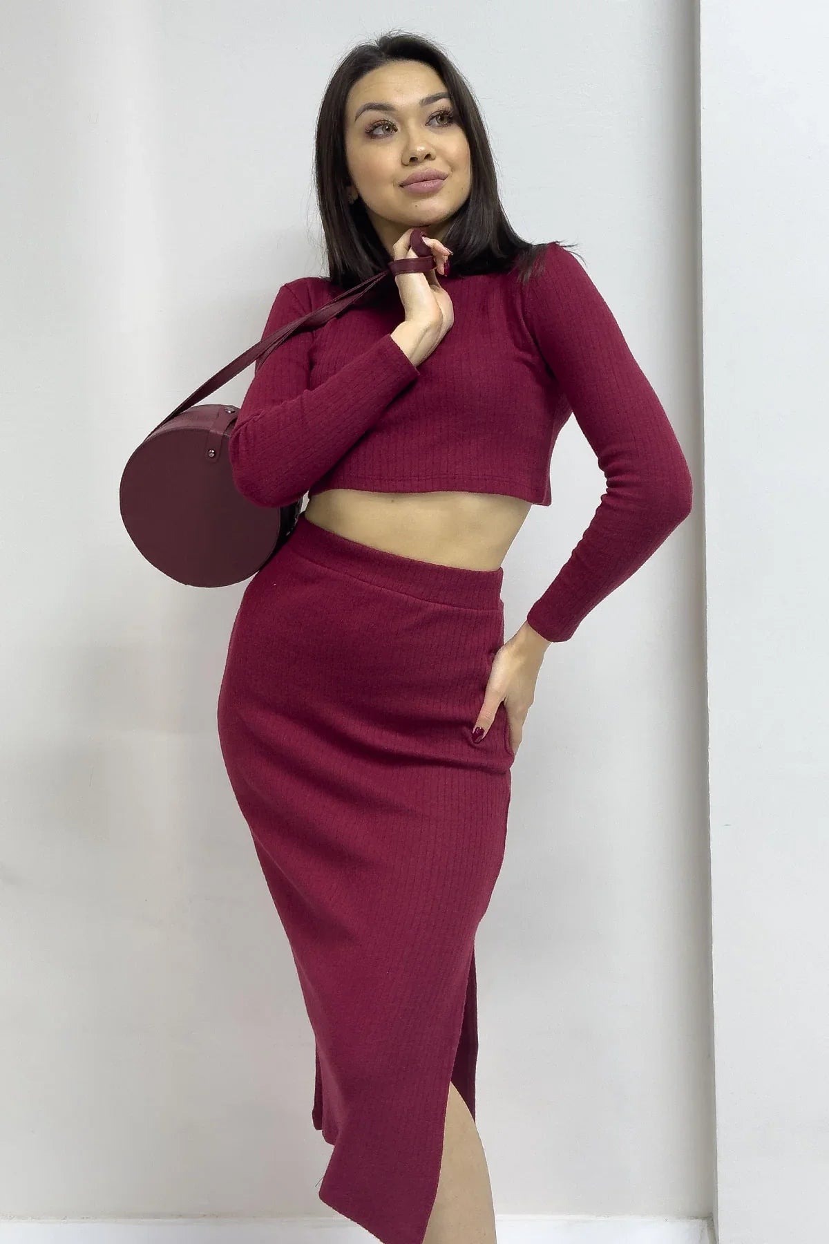 Kadın Bordo Etek Crop İkili Takım

