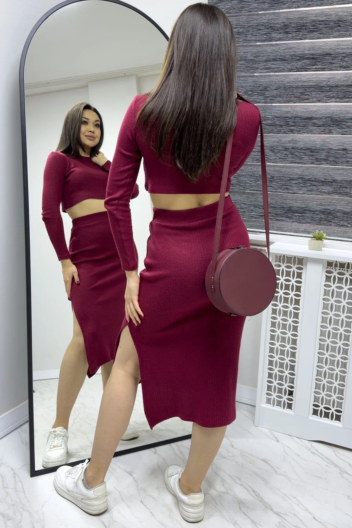 Kadın Bordo Etek Crop İkili Takım

