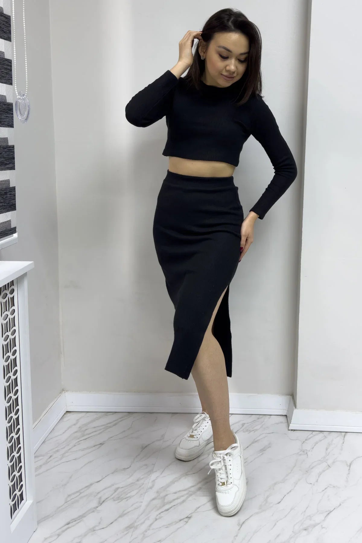 Kadın Siyah Etek Crop İkili Takım

