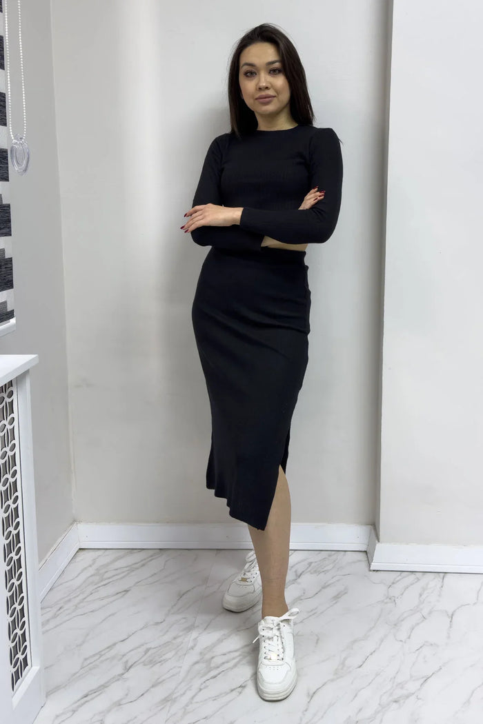 Kadın Siyah Etek Crop İkili Takım

