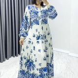 Beyaz Etnik Desen Balon Kol Elbise