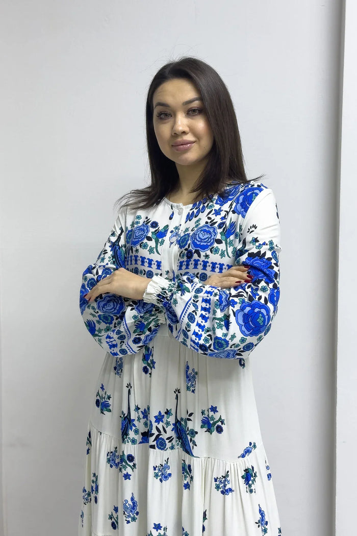 Beyaz Etnik Desen Balon Kol Elbise

