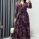 Kadın Bordo Şal Desen Kruvaze Yaka Şifon Elbise