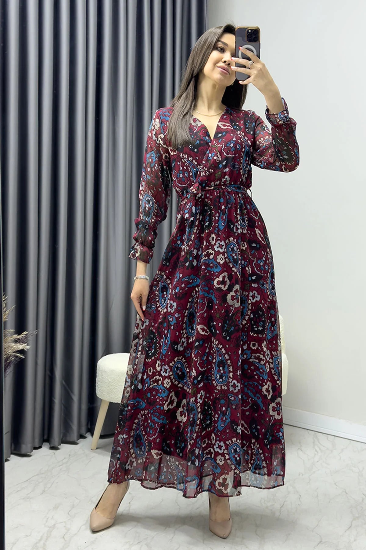 Kadın Bordo Şal Desen Kruvaze Yaka Şifon Elbise

