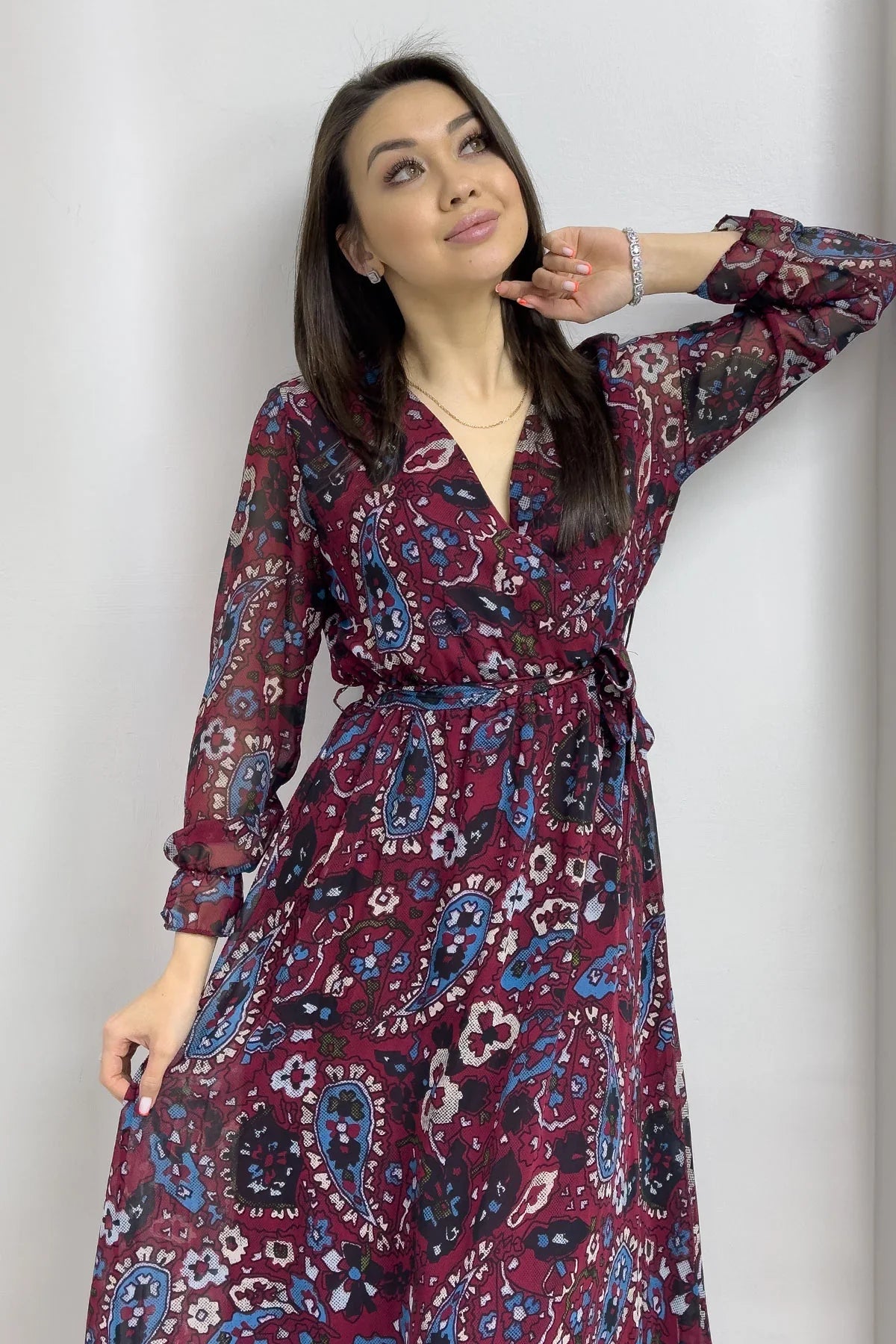 Kadın Bordo Şal Desen Kruvaze Yaka Şifon Elbise

