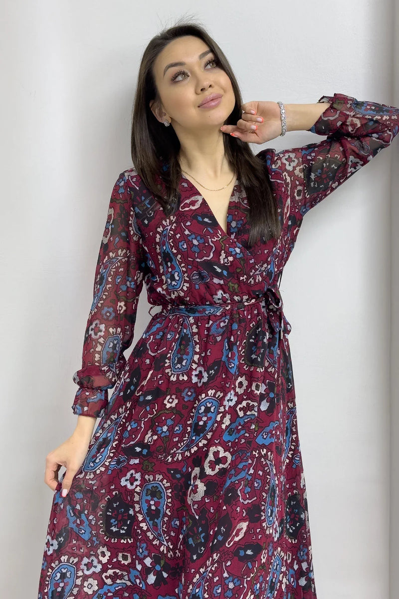 Kadın Bordo Şal Desen Kruvaze Yaka Şifon Elbise

