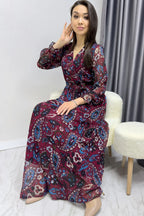 Kadın Bordo Şal Desen Kruvaze Yaka Şifon Elbise

