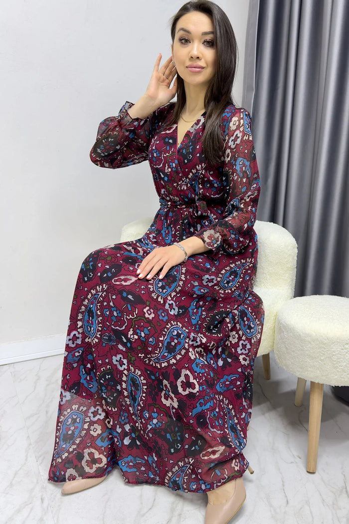 Kadın Bordo Şal Desen Kruvaze Yaka Şifon Elbise

