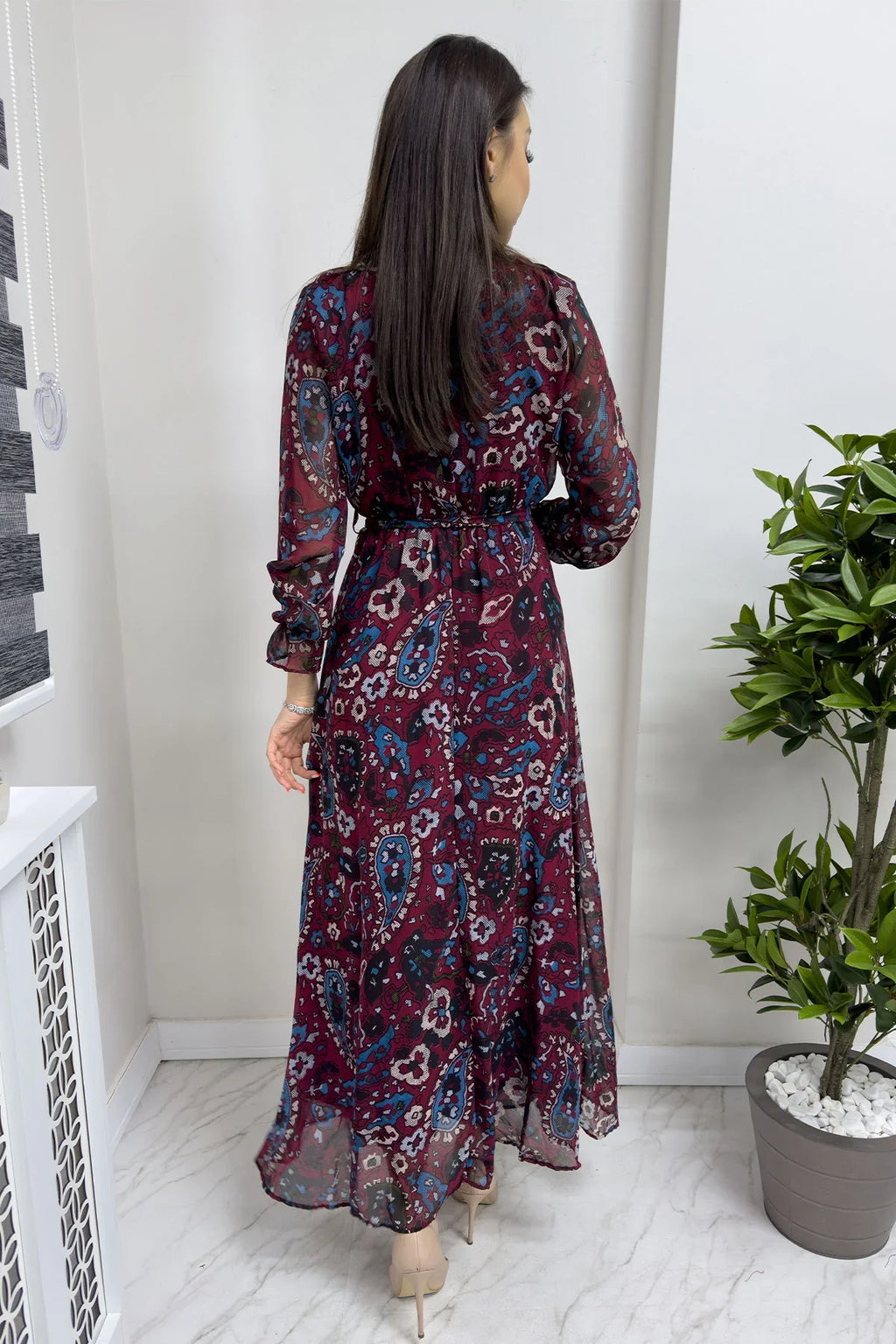 Kadın Bordo Şal Desen Kruvaze Yaka Şifon Elbise

