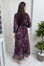 Kadın Bordo Şal Desen Kruvaze Yaka Şifon Elbise

