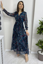 Kadın Petrol Mavisi Şal Desen Kruvaze Yaka Şifon Elbise

